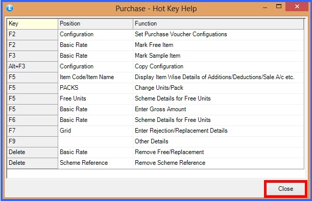 fmcg purchase challan hot keys